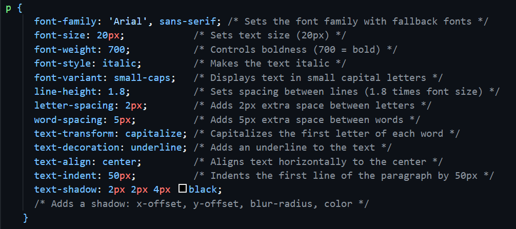 Image of all css font styling properties